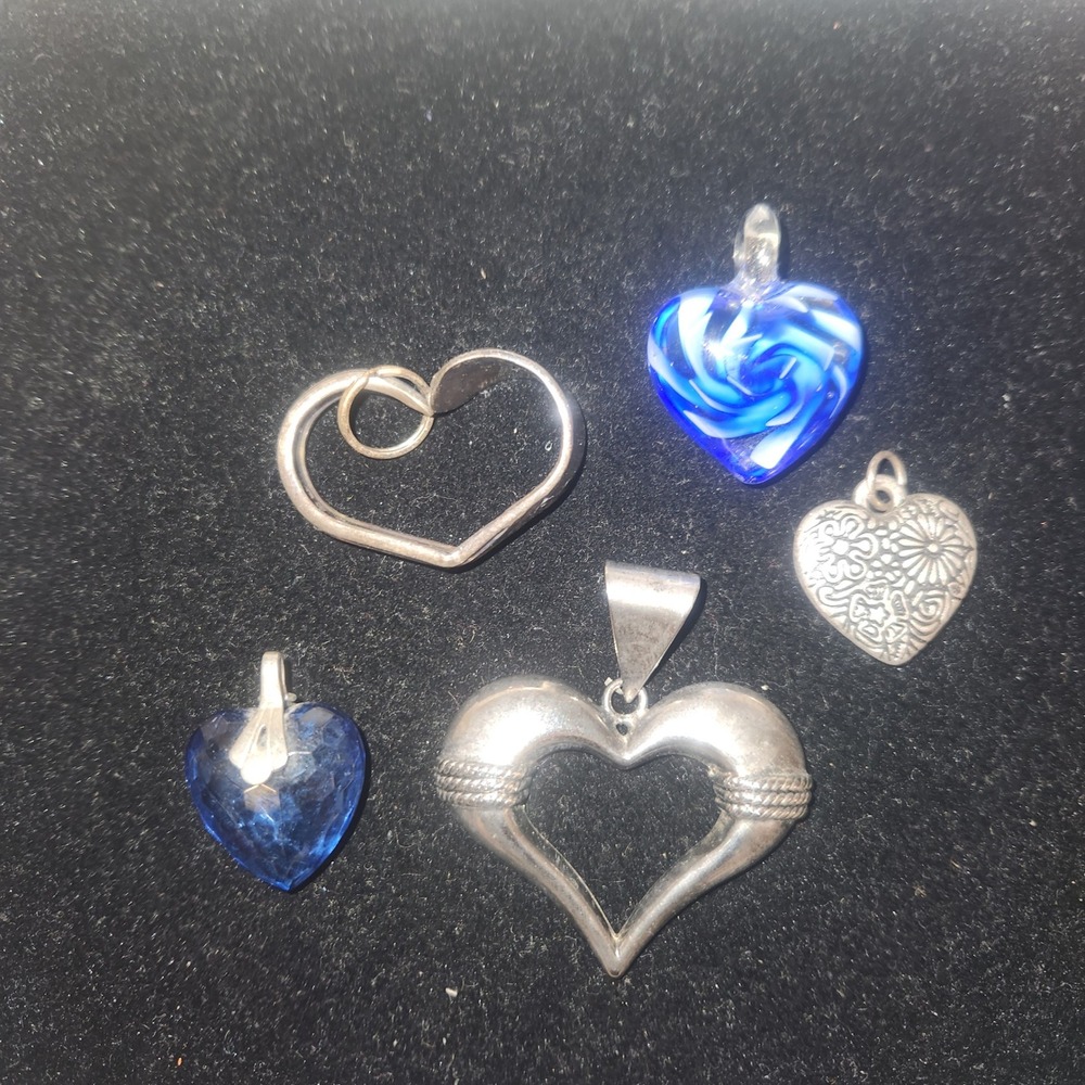 Lot of 5 Heart Pendants Silver tone Blue Glass Crystal Charm‎ Necklace Jewelry